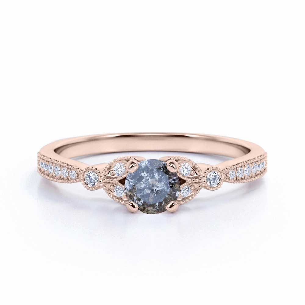 Butterfly 0.65 Ct Round Salt and Pepper Diamond Engagement Ring Soft Movement petite size