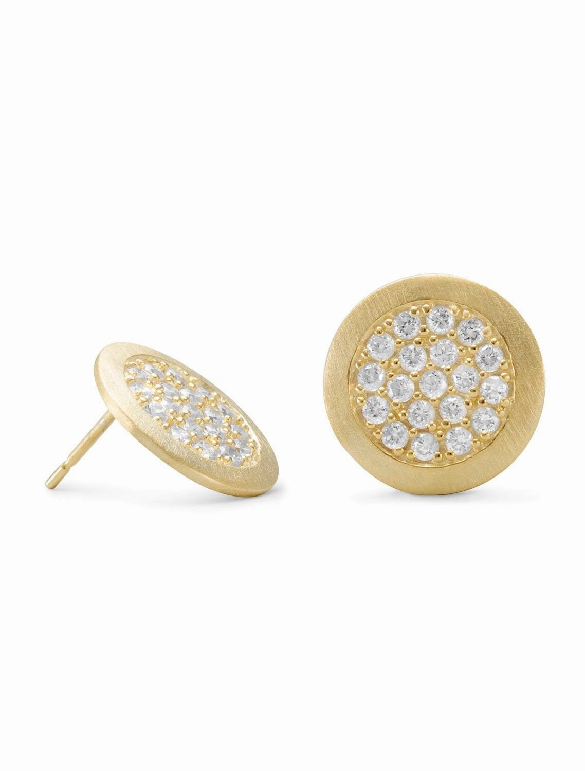 Button Post Stud Earrings Yellow Gold-plated with Pave Cubic Zirconia Retro Piece