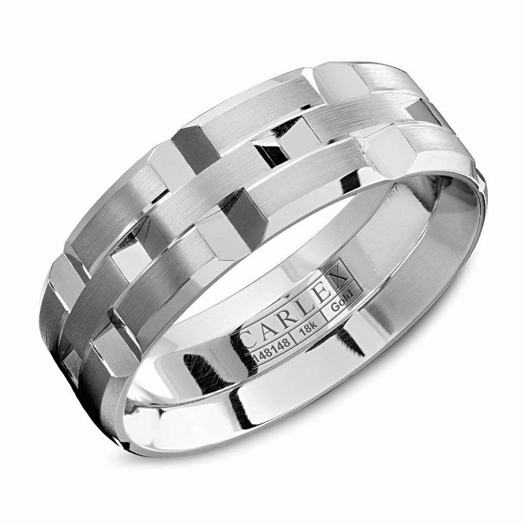 Carlex Carved 7.5mm Wedding Ring in 18K White Gold Subtle Detail