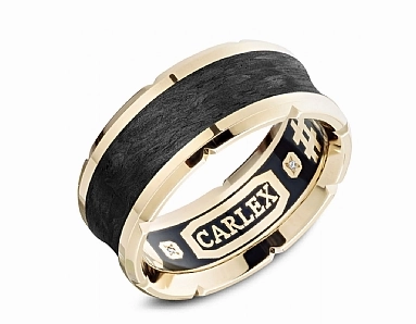 Timeless Favorite Flat Lay Carlex Textured Wedding Ring in 14K Yellow Gold/Black Forged Carbon Fiber (0.02ctw)