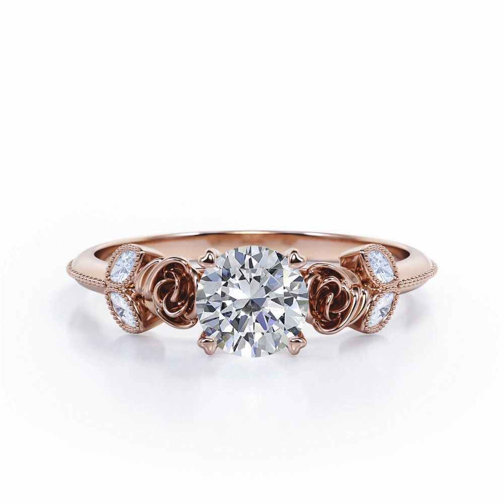 Sturdy Item Sophisticated Roses 0.55 carat Round Moissanite Engagement Ring in Rose Gold