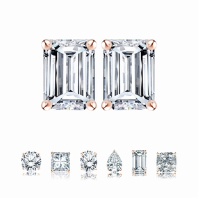 Decorative Choice Certified - 1 Carat Emerald Cut Moissanite - Minimalist Solitaire Stud Earrings - 18K Rose Gold Plating Over Silver
