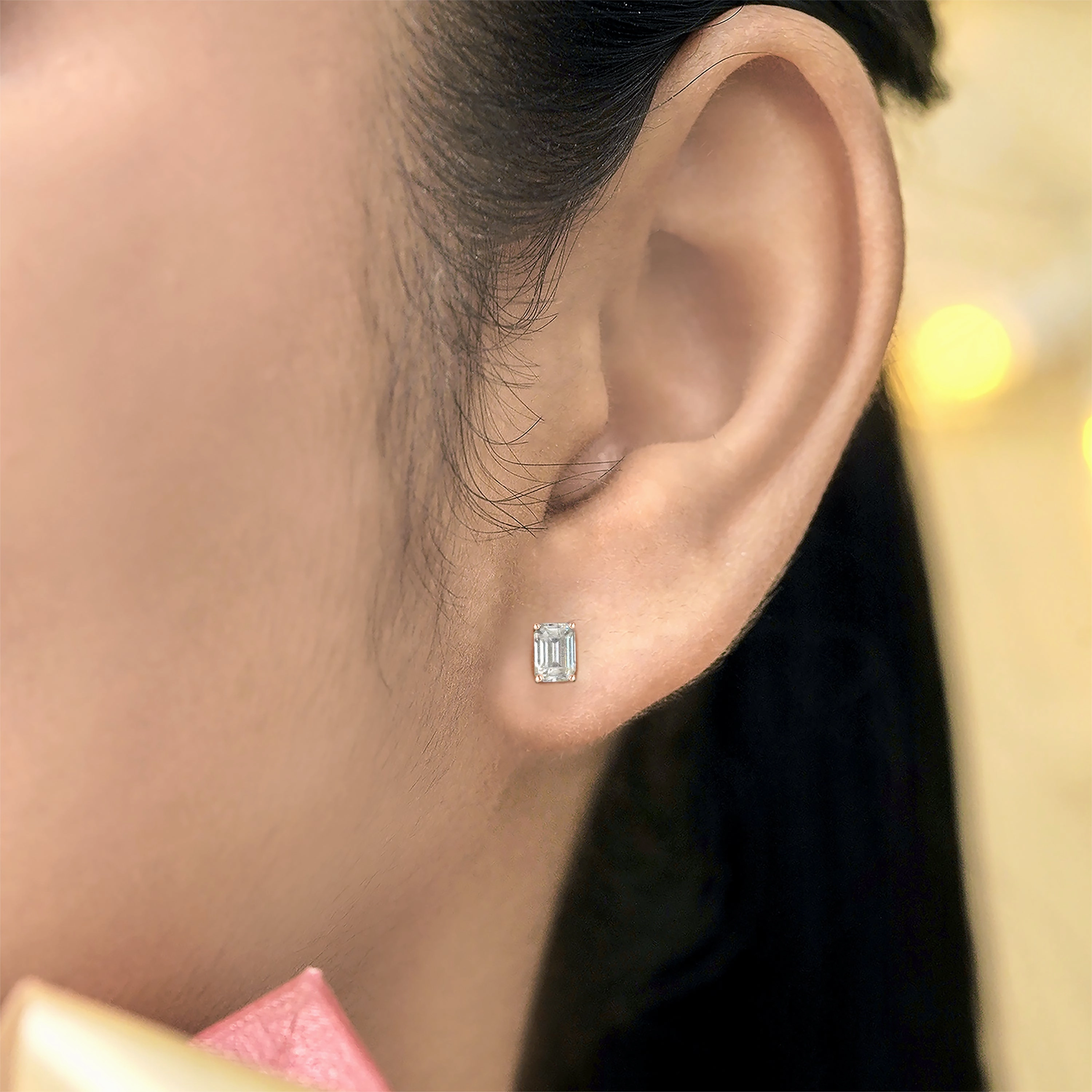 Certified - 1 Carat Emerald Cut Moissanite - Minimalist Solitaire Stud Earrings - 18K Rose Gold Plating Over Silver Glittering Embellishment Casual Embellishment