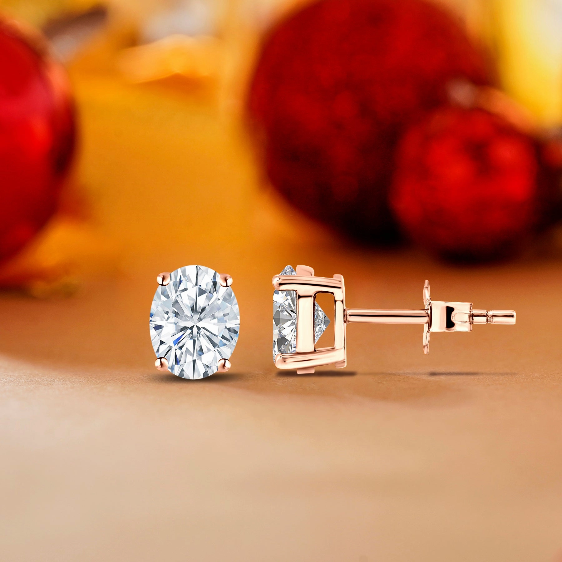 Polished Element Certified - 1 Carat Ovate Moissanite - 4 Prong Solitaire Stud Earrings - 18K Rose Gold Plating Over Silver