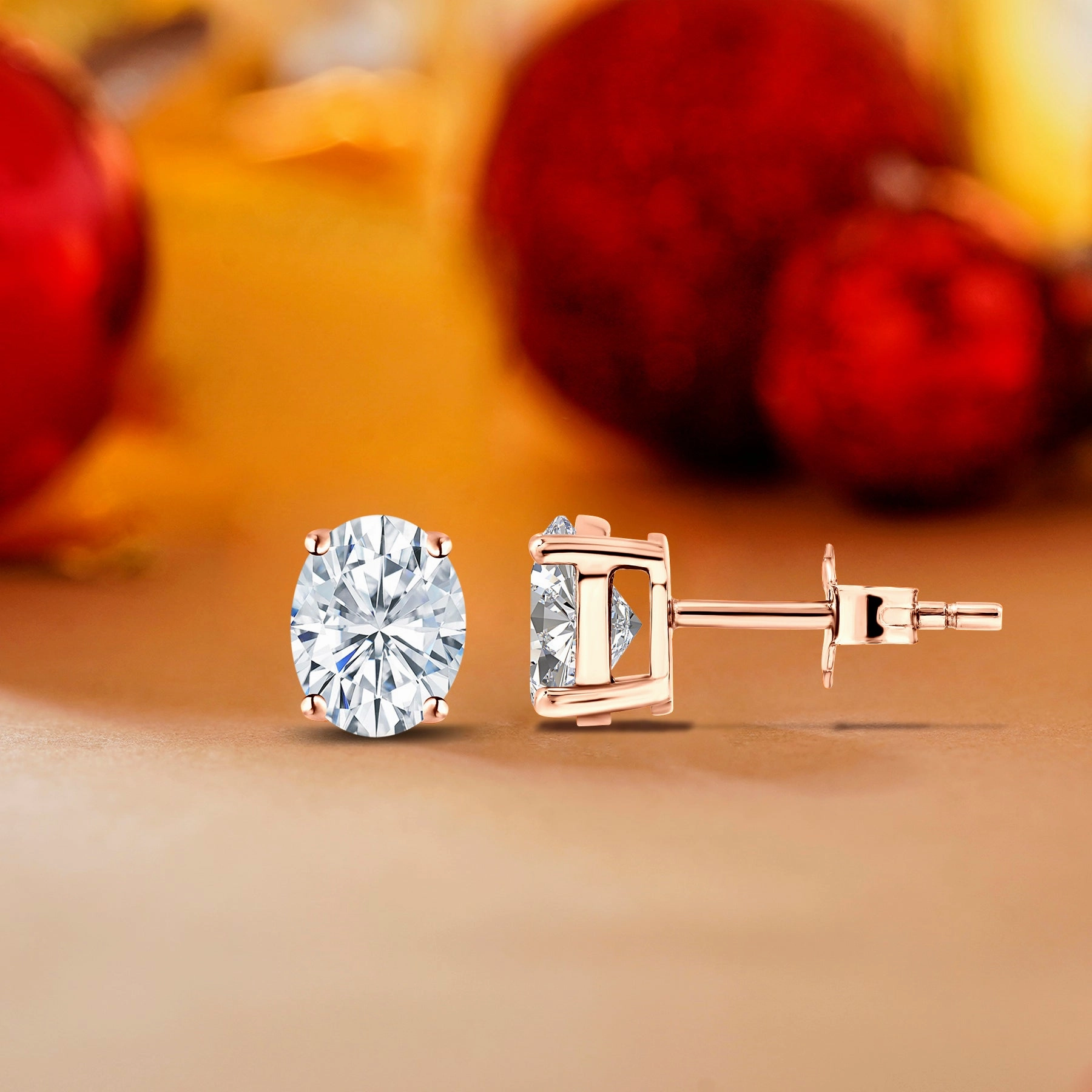 Certified - 1 Carat Ovate Moissanite - 4 Prong Solitaire Stud Earrings - 18K Rose Gold Plating Over Silver Oversized Jewelry Bohemian Trinket