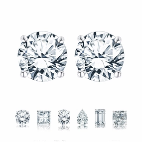 Certified - 2 Carat Round Moissanite - 4 Prong Solitaire Stud Earrings - 18K White Gold Plating Over Silver Pretty Jewelry