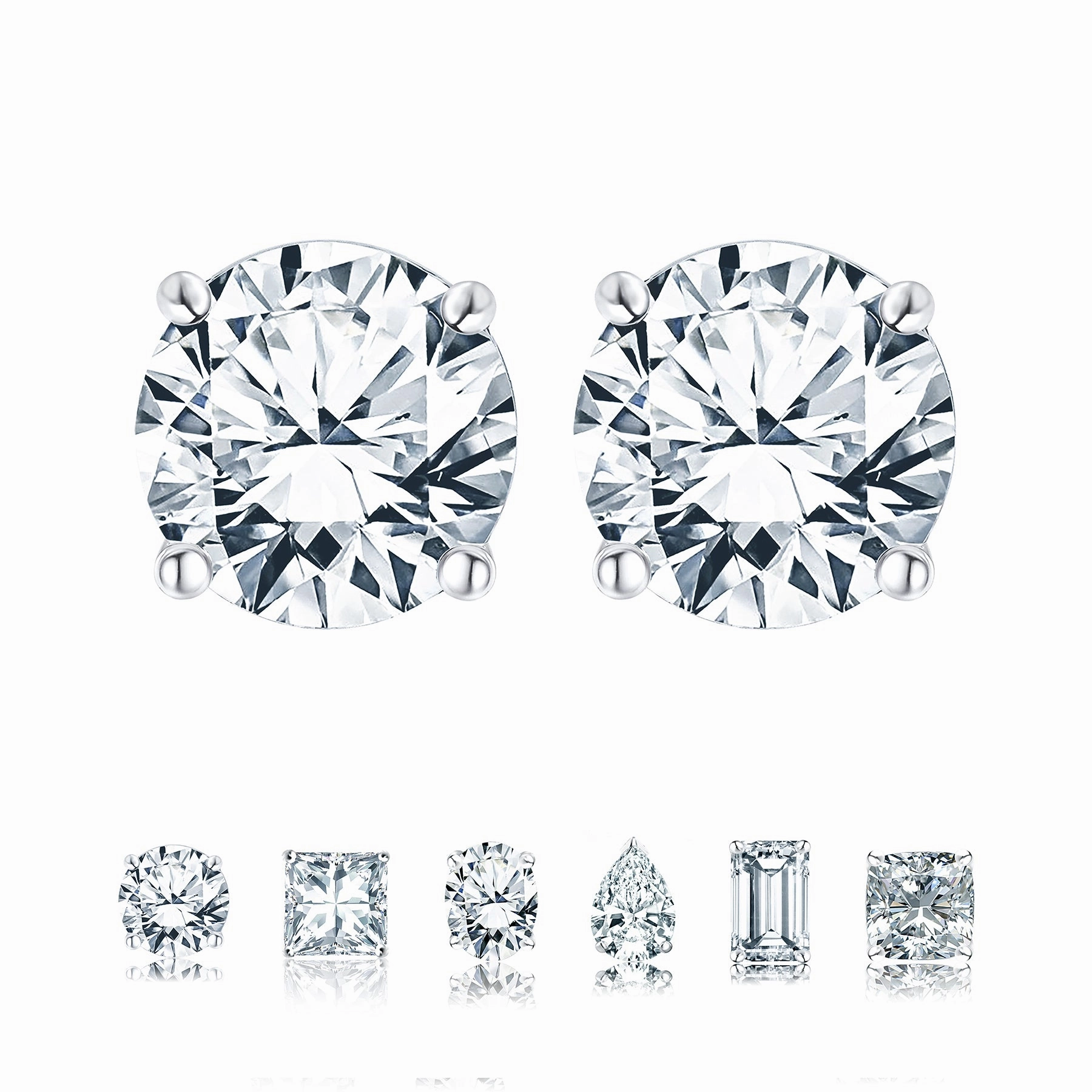 Daily Ornament Tiny Accent Certified - 2 Carat Round Moissanite - 4 Prong Solitaire Stud Earrings - 18K White Gold Plating Over Silver