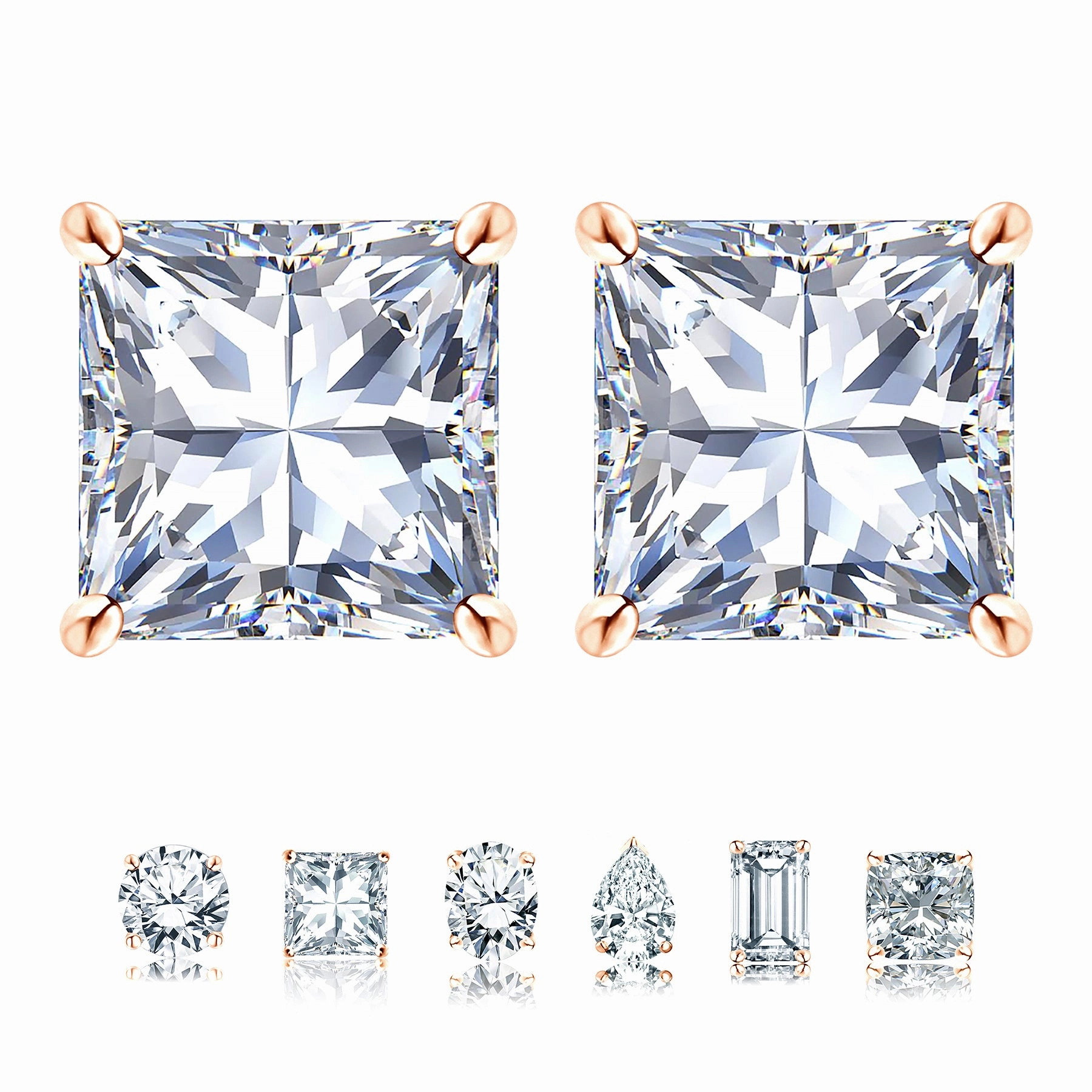 Certified - 4 Prong - 1 Carat Princess Cut Moissanite - Solitaire Stud Earrings - 18K Rose Gold Plating Over Silver Spiral Trinket