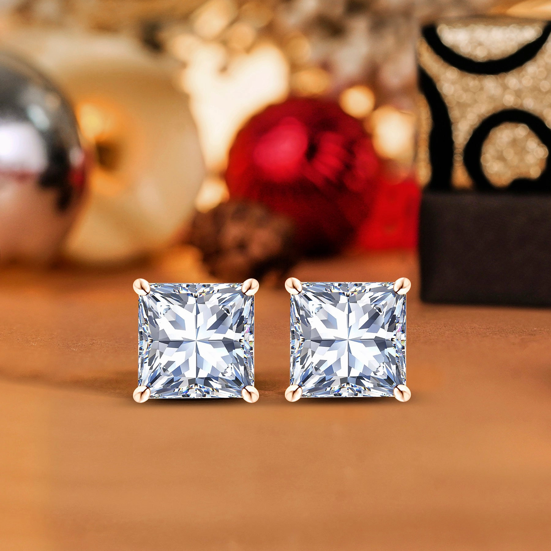 Certified - 4 Prong - 1 Carat Princess Cut Moissanite - Solitaire Stud Earrings - 18K Rose Gold Plating Over Silver Rectangular Accessory Refined Aesthetic