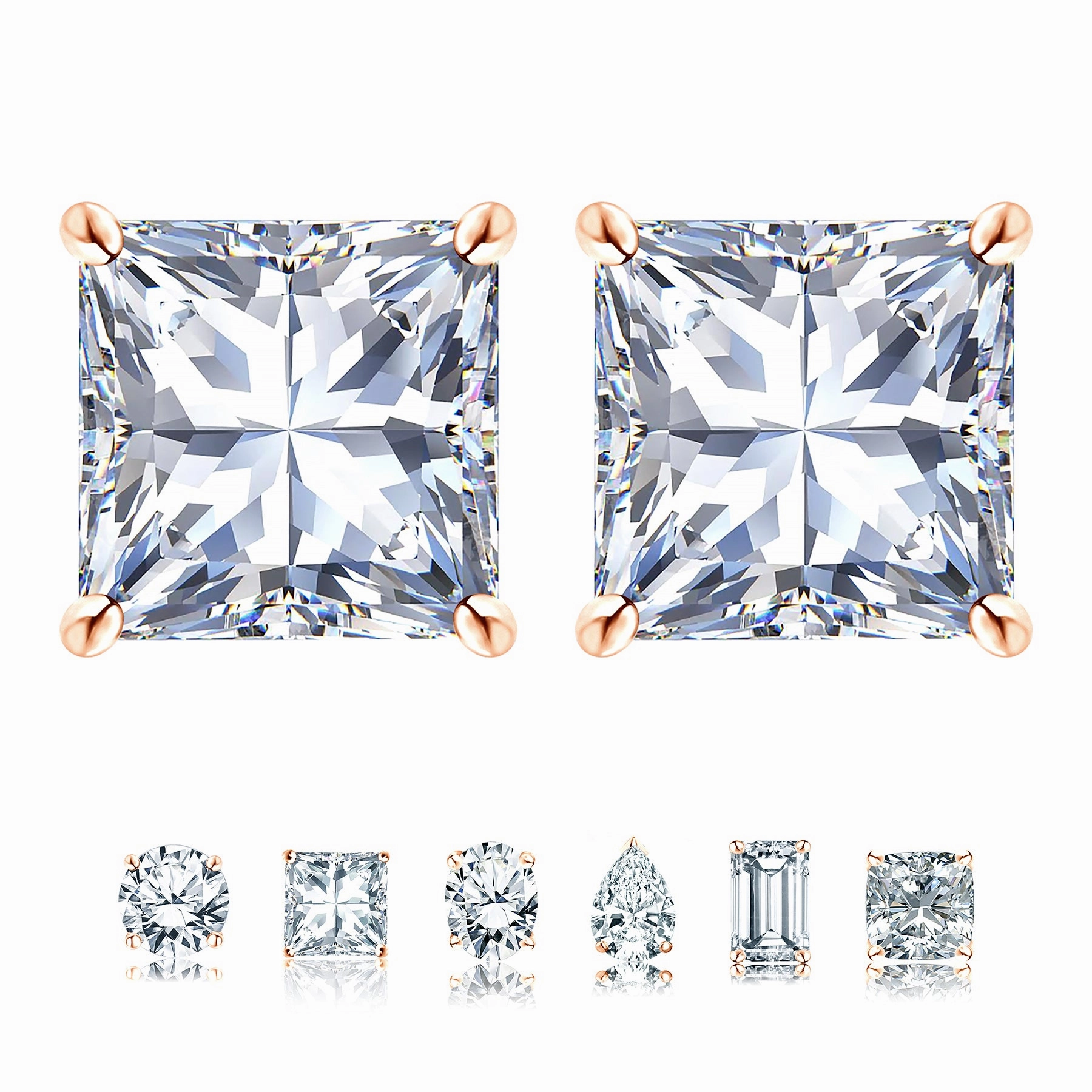 Tiny Trinket Metallic Trinket Certified - 4 Prong - 1 Carat Princess Cut Moissanite - Solitaire Stud Earrings - 18K Rose Gold Plating Over Silver