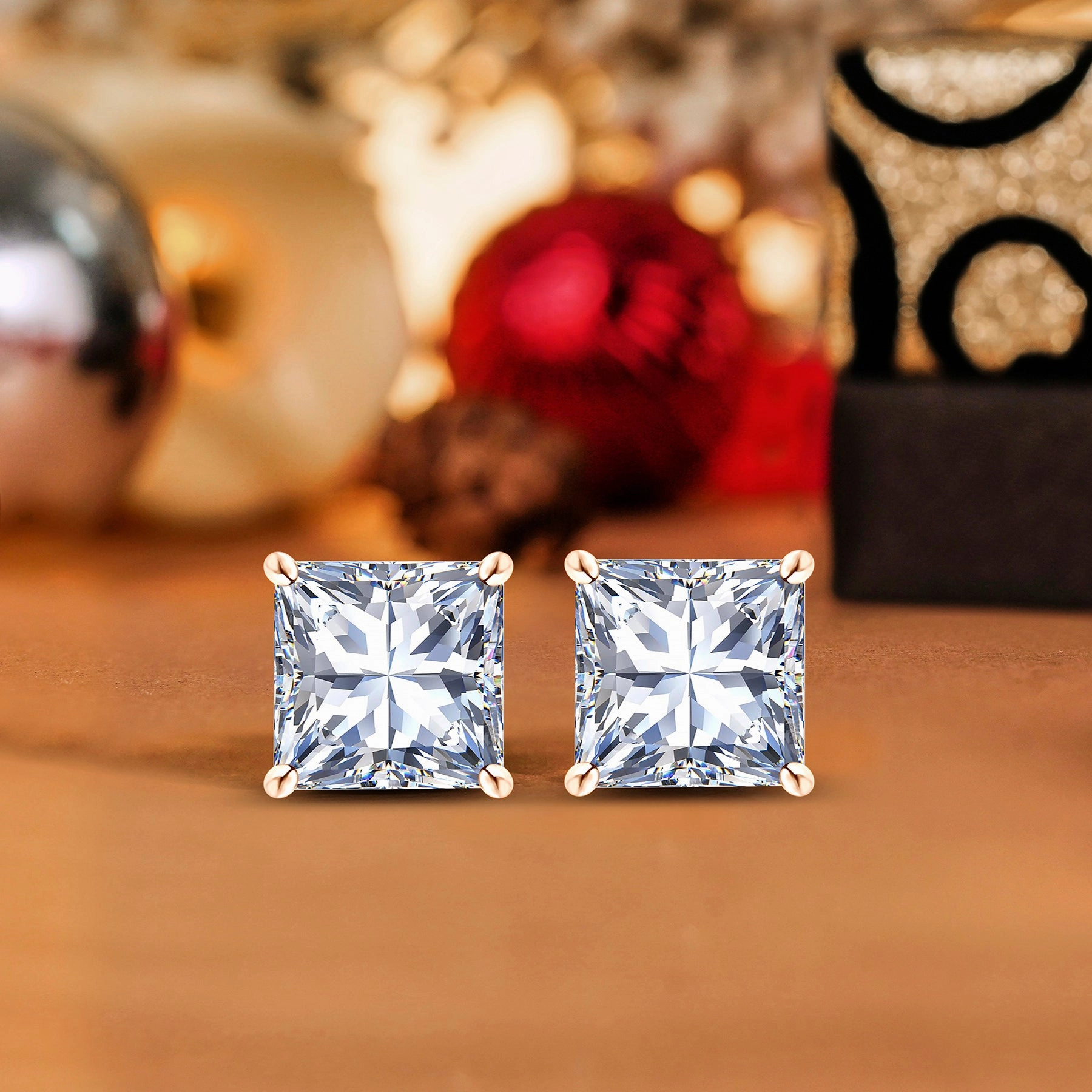 Certified - 4 Prong - 1 Carat Princess Cut Moissanite - Solitaire Stud Earrings - 18K Rose Gold Plating Over Silver High-Quality Essential