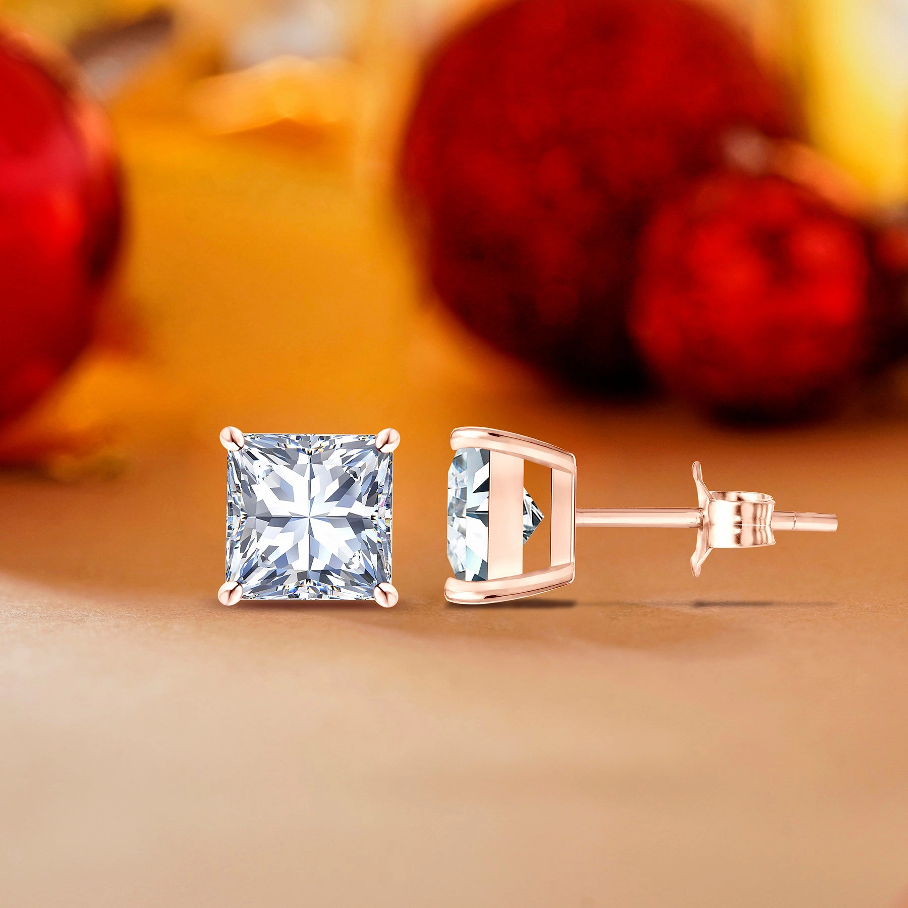 Minimalist Feature Luxurious Look Certified - 4 Prong - 1 Carat Princess Cut Moissanite - Solitaire Stud Earrings - 18K Rose Gold Plating Over Silver