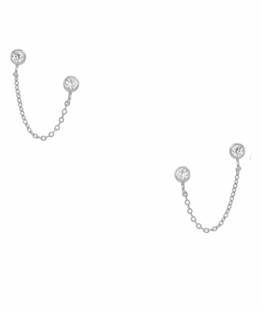 Bright Ornament Refined Element Chain Double Post Earrings Bezel-set Cubic Zirconia Sterling Silver