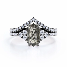 Classic Aesthetic Chevron Pave 1.55 ct Hexagon Black Rutilated Quartz Bridal Set