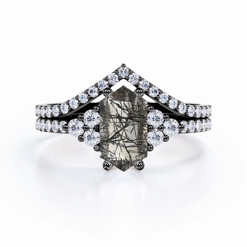 Chevron Pave 1.55 ct Hexagon Black Rutilated Quartz Bridal Set Ensemble Collection