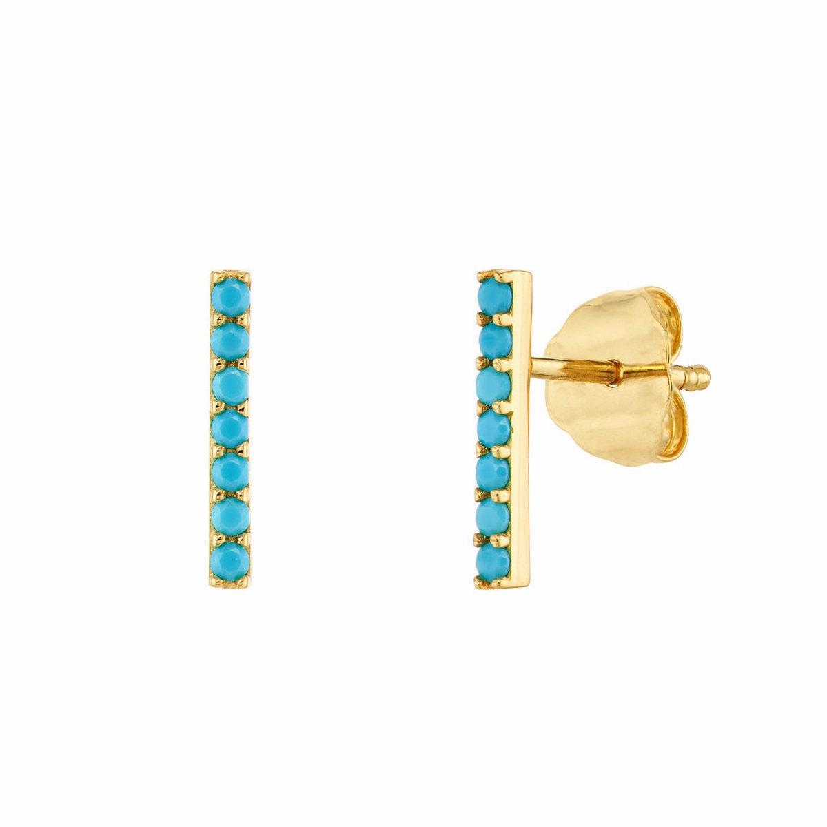 Secure Detail 14k Yellow Gold Staple Bar Simulated Nano Turquoise Stud Earrings