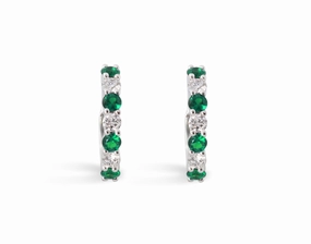 Round Shape Emerald and Diamond Huggie Earrings in 14K White Gold (.83ctw) Elegant Contour Bold Layering