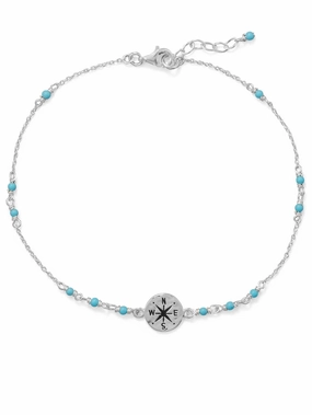 Polished Beauty Anklet Ankle Bracelet Compass Charm Blue Beads Adjustable Length Sterling Silver