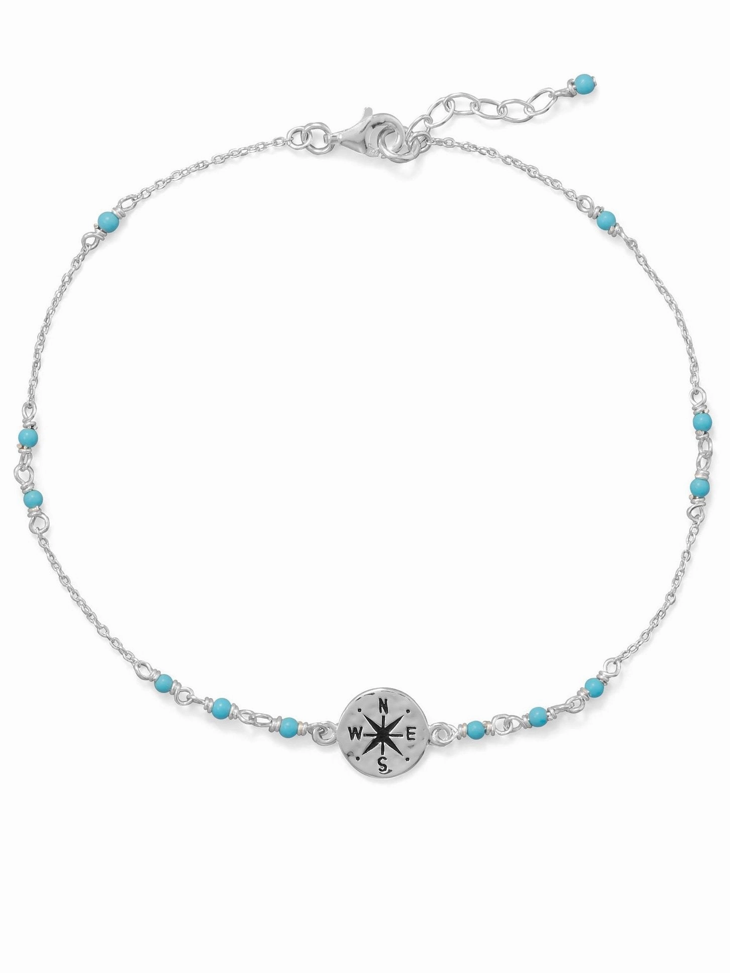 Seamless Integration Anklet Ankle Bracelet Compass Charm Blue Beads Adjustable Length Sterling Silver