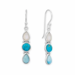 Winter Piece Lustrous Piece Sterling Silver Rainbow Moonstone, Reconstituted Turquoise, and Larimar Drop Earrings