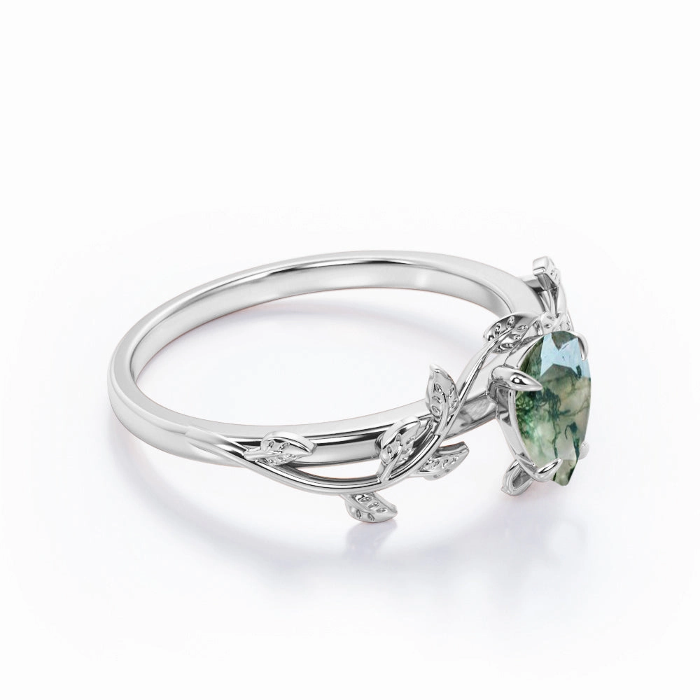 Floral 1 Carat Pear Cut Moss Agate Engagement Ring Floral Pattern Bold Keepsake