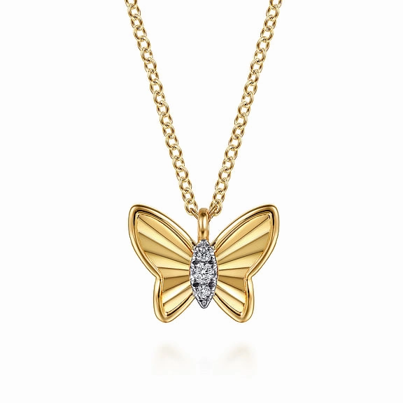 14K Yellow Gold Butterfly Necklace With Diamond Cut Finish And Graduating Diamonds Date Style