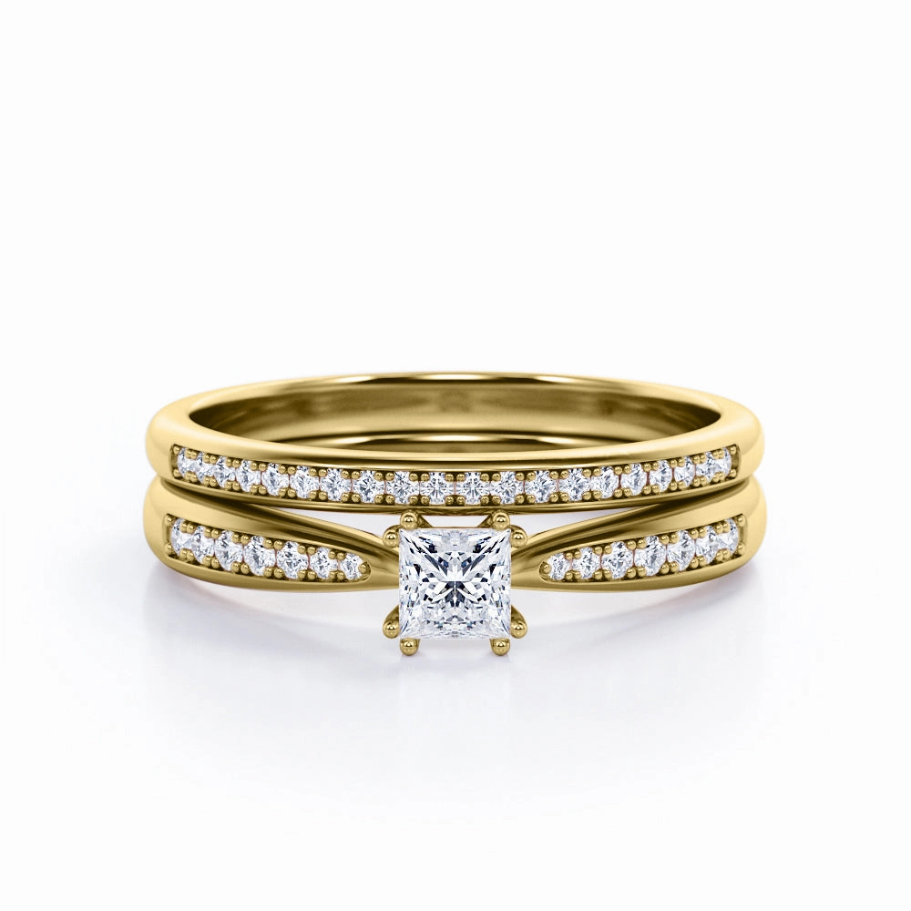 Pave Channel 0.45 TCW Princess Cut Diamond Double Prong Wedding Ring Set in White Gold Timeless Expression Traditional Adornment