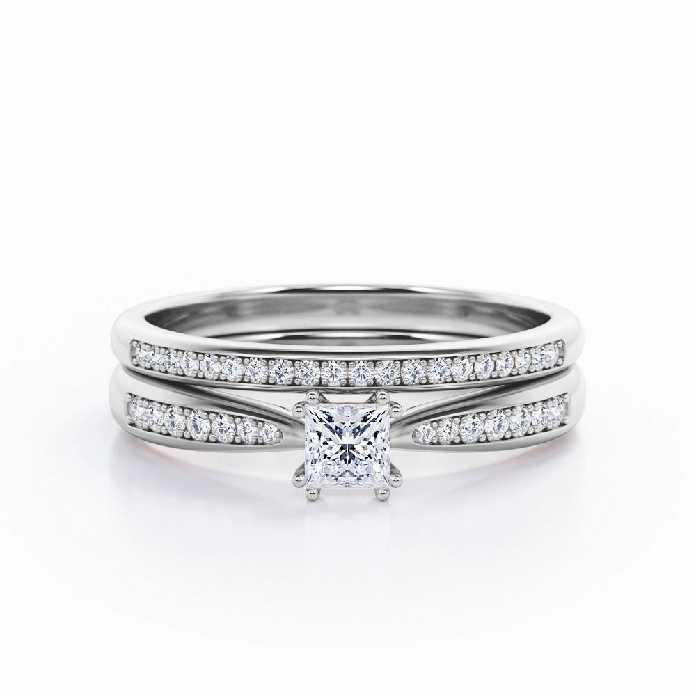 Pave Channel 0.45 TCW Princess Cut Diamond Double Prong Wedding Ring Set in White Gold Romantic Piece Ritual Object