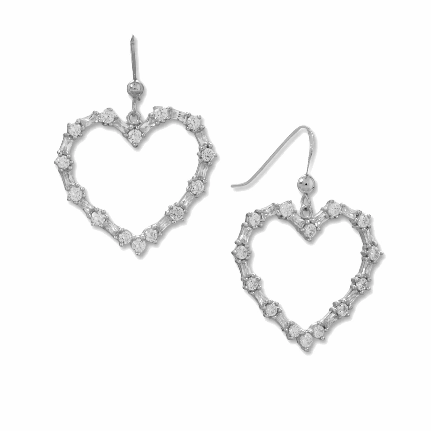 Dangle Heart Earrings with Round and Baguette Cubic Zirconia Rhodium on Silver - Nontarnish Triangular Decoration Trendy Essential