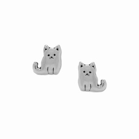 Cute Sitting Kitty Cat Stud Earrings Sterling Silver Heart-Shaped Accessory