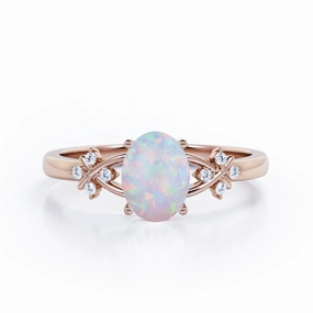 Event Piece Winter Gift 1.1 Ct Oval Cut Lab Created Opal Leaf Engagement Ring