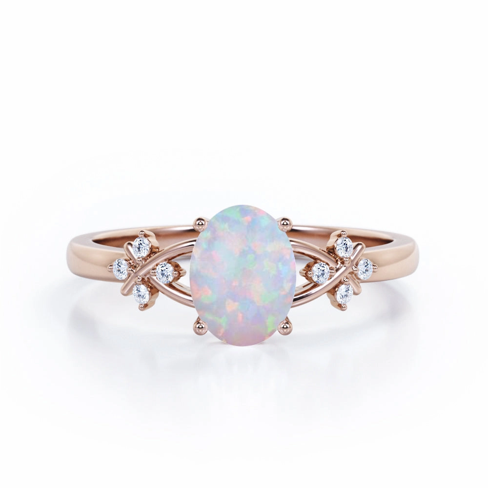 1.1 Ct Oval Cut Lab Created Opal Leaf Engagement Ring Minimalist Bauble