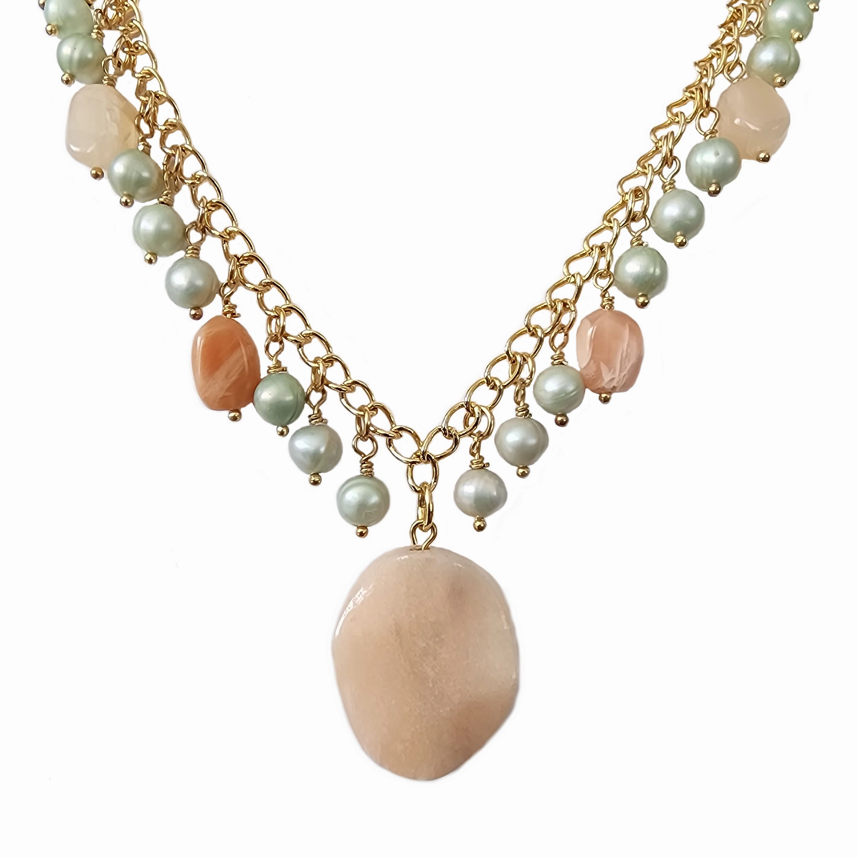 Formal Beaded Piece Professional Accent Choker Necklace with Peach Moonstone, Peach Aventurine Pendant and Dyed Green Cultured Freshwater Pearls Gold Tone