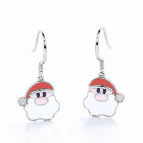 Daytime Jewelry Christmas Santa Claus Diamond Enamel Wire Hook Earrings in 18K White Gold Plating over Silver