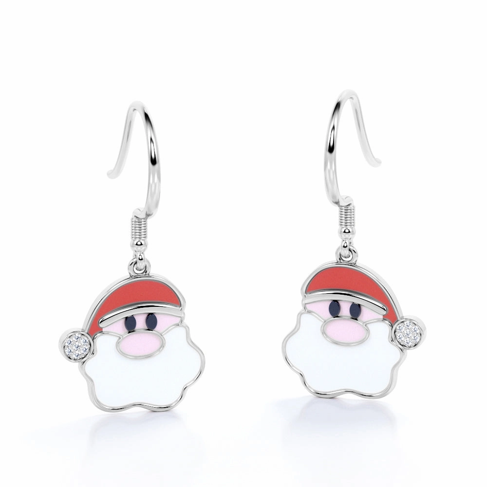 Daytime Jewelry Christmas Santa Claus Diamond Enamel Wire Hook Earrings in 18K White Gold Plating over Silver