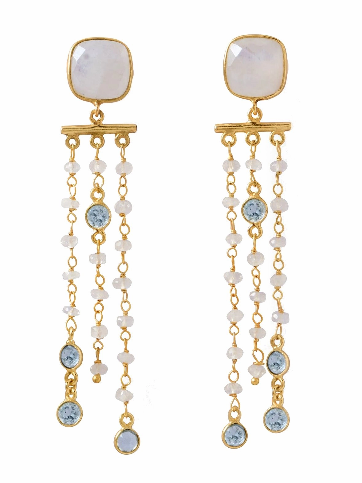 Glittery Ornament Rainbow Moonstone Bar Drop Earrings with Blue Topaz Gold-plated Sterling Silver