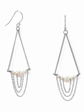 Secure Must-Have Cultured Freshwater Pearl Earrings Sterling Silver Triangle Triple Chain Drop