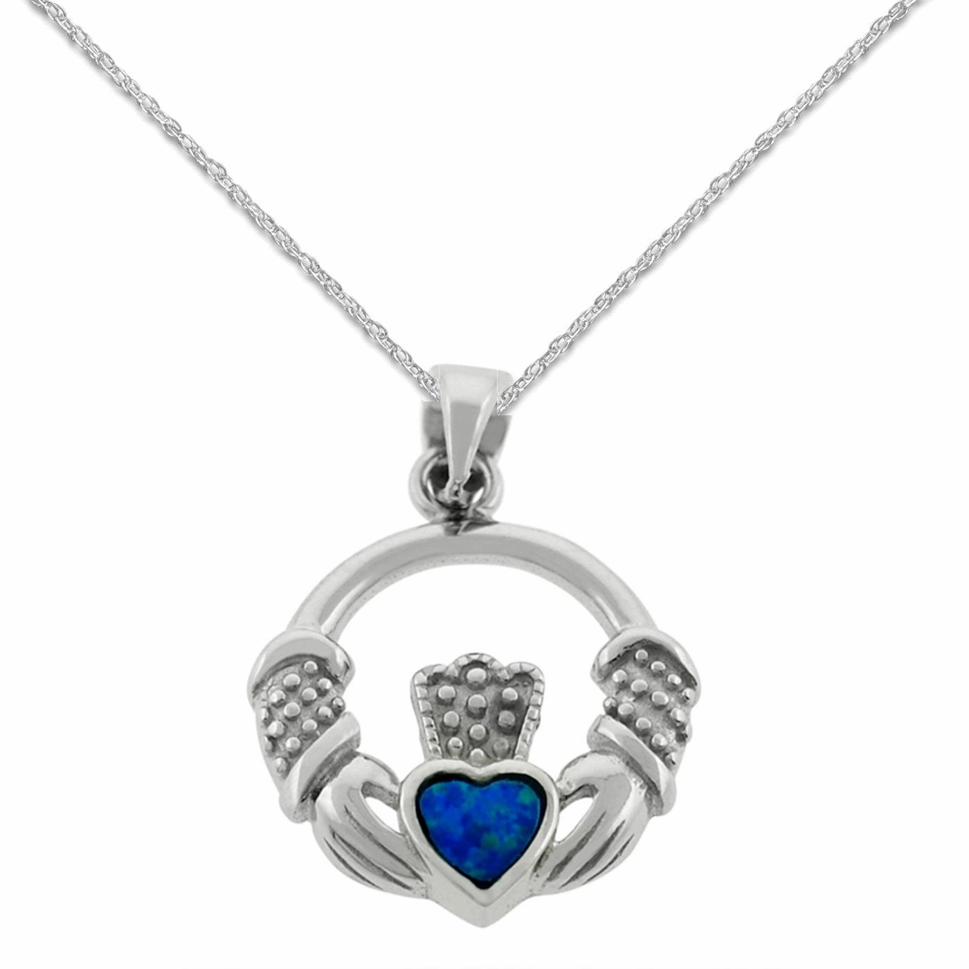 Bold Choice Claddaugh Necklace with Simulated Opal Heart Sterling Silver with Rope Chain