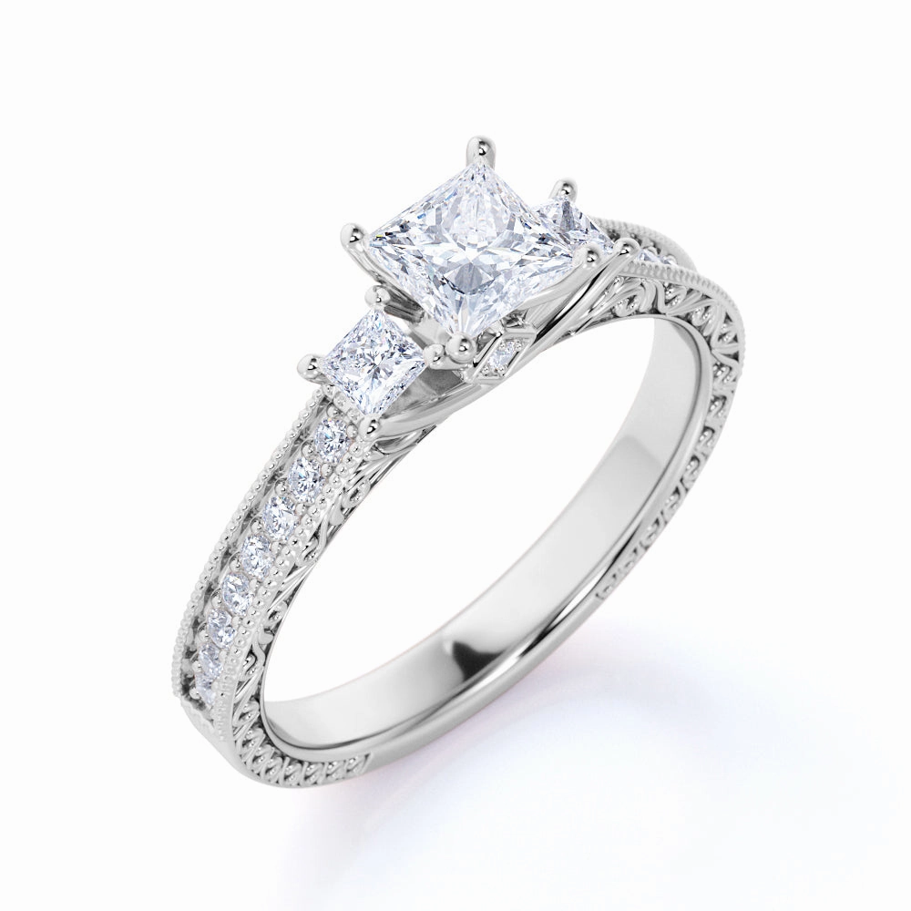 Classic 0.50 Carat Princess Cut Diamond - Vintage - Beaded - Three Stone - Victorian Engagement Ring in 10K White Gold Eternal Ornament