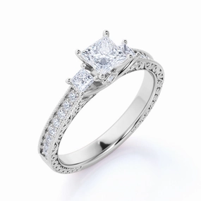 Classic 0.50 Carat Princess Cut Diamond - Vintage - Beaded - Three Stone - Victorian Engagement Ring in 10K White Gold Eternal Ornament