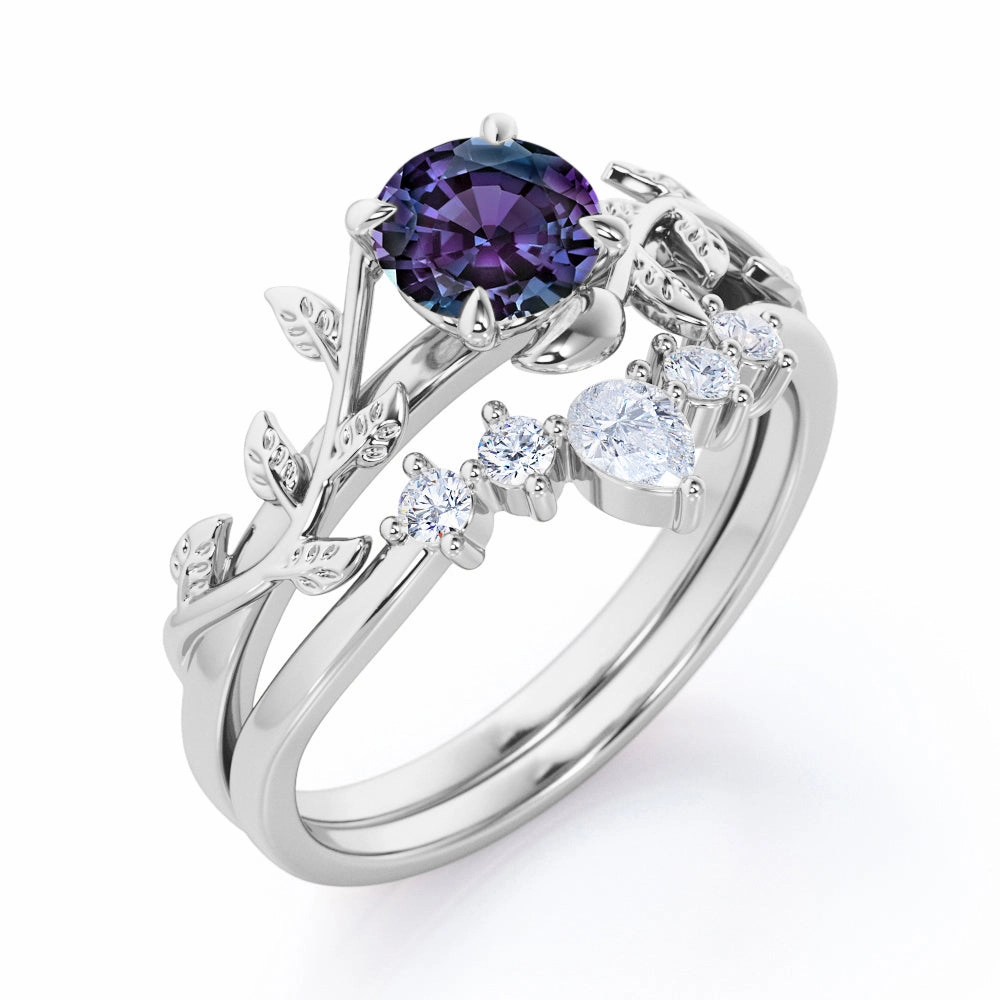 Chic Craft Nature Inspired 1.20 Carat Round Cut Lab Created Alexandrite And Diamond Leaf Vine Art Wedding Ring Set In White Gold For Her