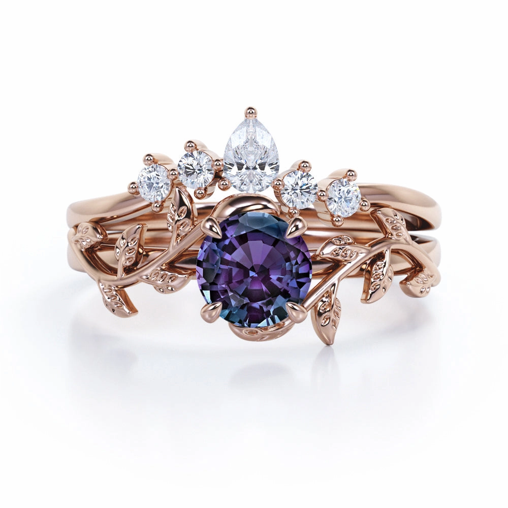 Nature Inspired 1.20 Carat Round Cut Lab Created Alexandrite And Diamond Leaf Vine Art Wedding Ring Set In White Gold For Her Gift For Teens