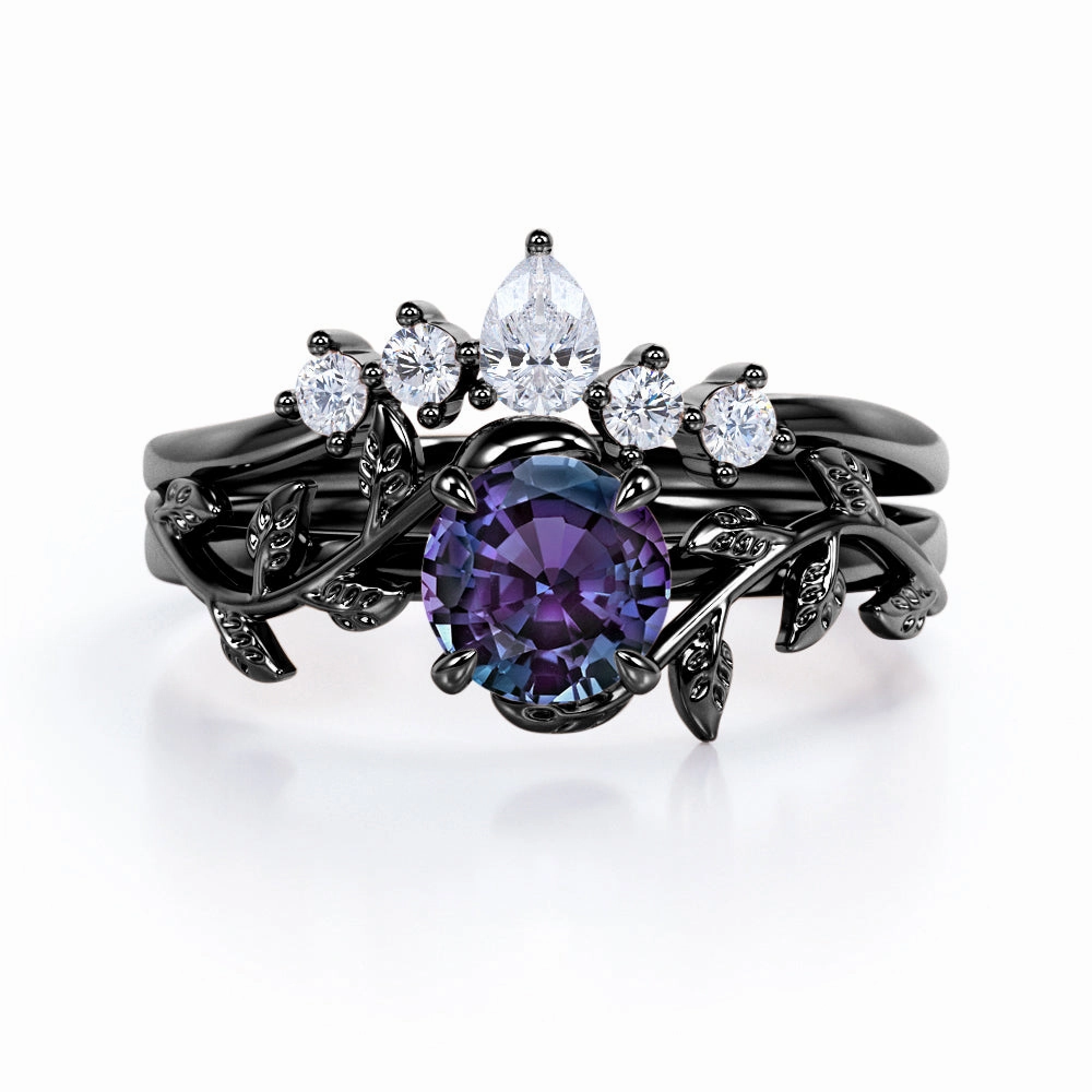 Nature Inspired 1.20 Carat Round Cut Lab Created Alexandrite And Diamond Leaf Vine Art Wedding Ring Set In White Gold For Her Graceful Vibe Mother Daughter