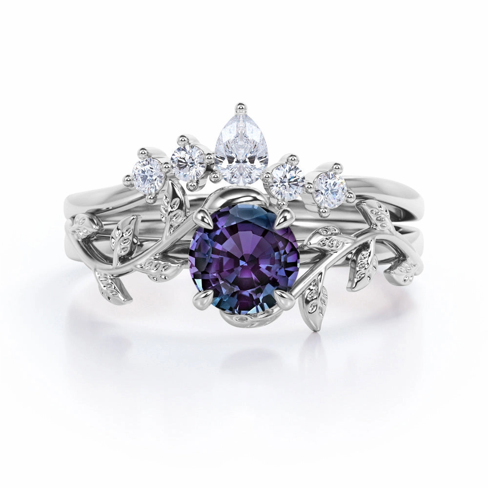 Nature Inspired 1.20 Carat Round Cut Lab Created Alexandrite And Diamond Leaf Vine Art Wedding Ring Set In White Gold For Her Pure Simplicity Printed Image