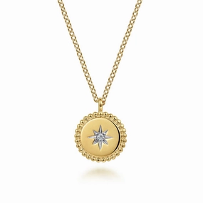 14K Yellow Gold Bujukan Medallion Necklace with Starburst Diamond Center Charming Accessories
