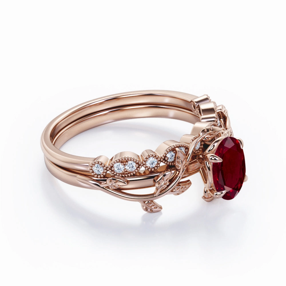 Amazing Ornament Quality Expression Vintage 1.15 ct Oval Lab-Created Ruby Vine Wedding Set