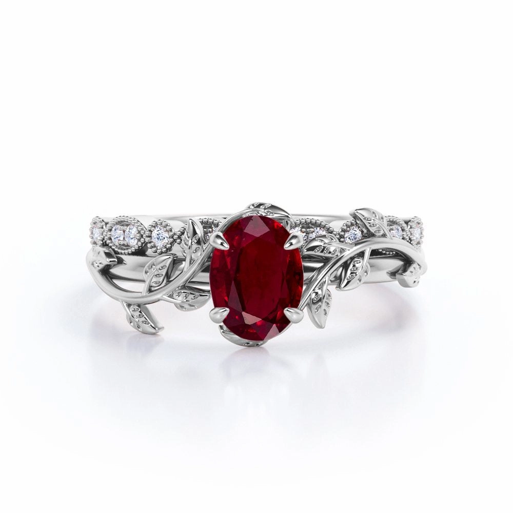 Vintage 1.15 ct Oval Lab-Created Ruby Vine Wedding Set Minimalist Insignia