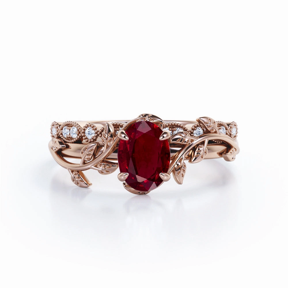 Brilliant Accessory Vintage 1.15 ct Oval Lab-Created Ruby Vine Wedding Set