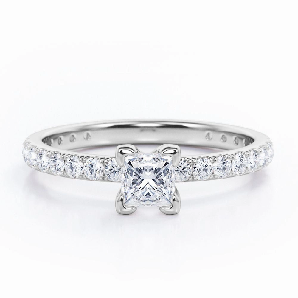 Neutral Tone Classic Dainty 0.40 TCW Princess Cut Diamond V-Prong Pave Accented Engagement Ring in 10K White Gold
