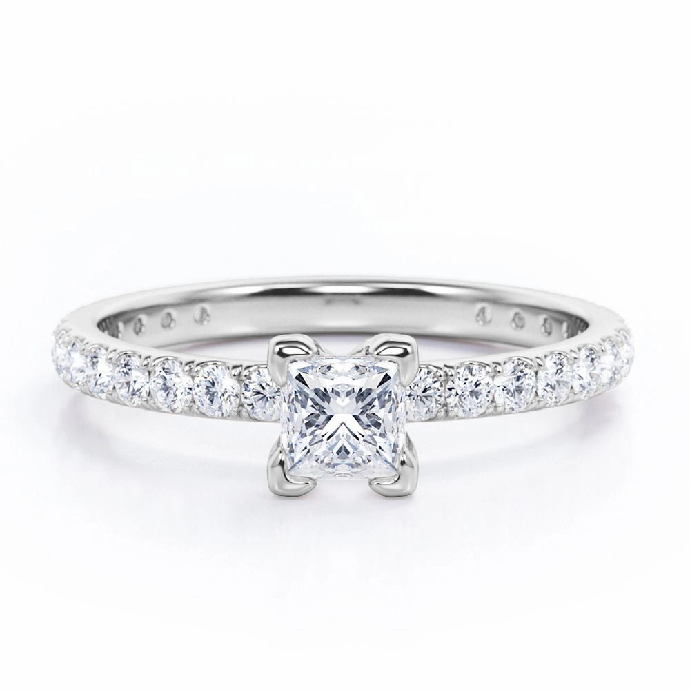 Classic Dainty 0.40 TCW Princess Cut Diamond V-Prong Pave Accented Engagement Ring in 10K White Gold Rural Elegance Luxurious Accent